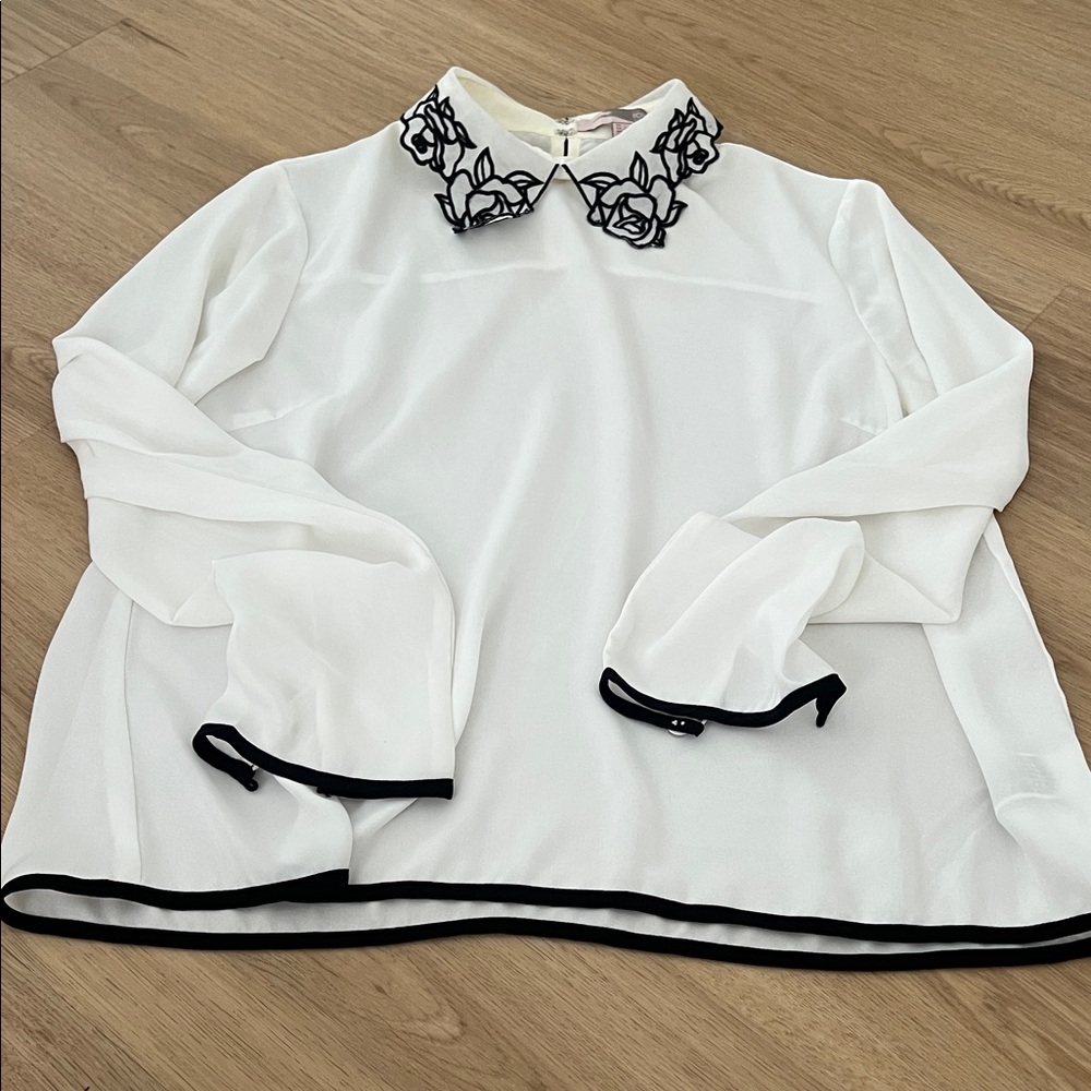 Forever 21 White Blouse with Black Floral Collar and Trim
